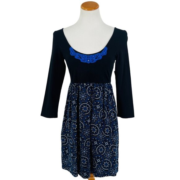 NWT Free People Black & Blue Paisley Print Crochet Lace Beaded Scoop Neck Dress - Picture 11 of 14